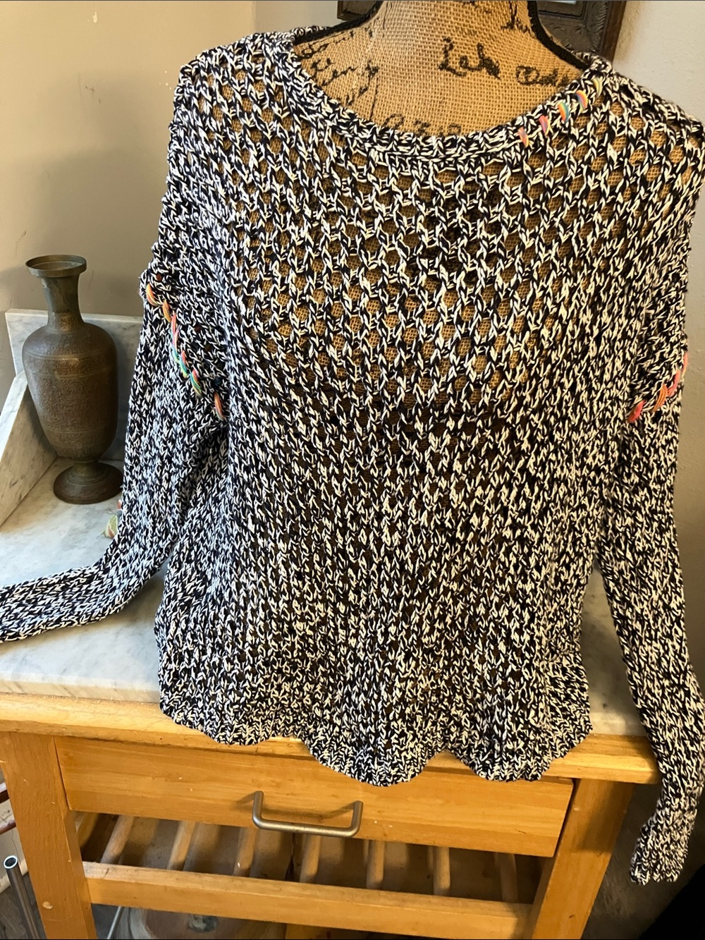 Lisa Todd Black & White Marled Knit Sweater Rainbow Stitching Sexy Open Knit M!!
